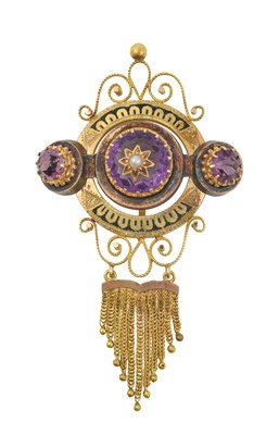 Lot 2366 - A Purple Stone, Split Pearl and Enamel Brooch...