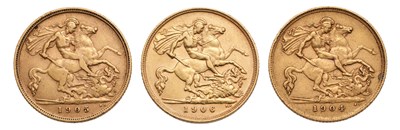 Lot 129 - 3x Edward VII, Half Sovereigns, 1904, 1905 and...