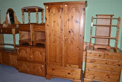 Lot 296 - Pine chest, two wardrobes, pine bed, mirror, stool, towel rail, two bedside cabinets, etc (13)