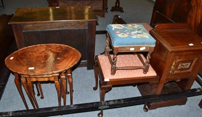 Lot 297 - Mahogany toilet mirror, two piano stools, oak footstool, oak blanket box, reproduction mahogany...