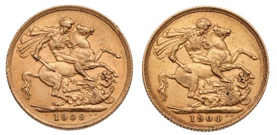 Lot 128 - 2x Edward VII, Sovereigns, 1904 and 1909,...