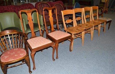 Lot 310 - Pair of mahogany dining chairs, captain's chair, set of four kitchen chairs and a Victorian balloon