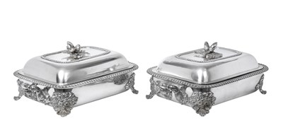 Lot A Pair of William IV Silver Entree-Dishes, Covers and Handles, With Old Sheffield Plate Stands