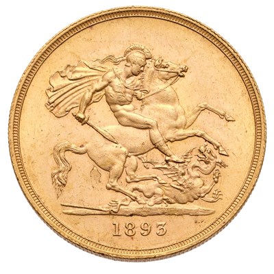 Lot Victoria, Five Pounds 1893, old veiled bust...