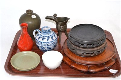 Lot 5 - Three Chinese hardwood stands and six assorted ceramics