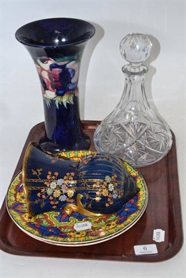 Lot 6 - Moorcroft vase (a.f.), Crown Devon wall pocket, Doulton plates, cut glass decanter and stopper