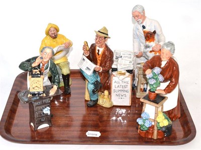 Lot 13 - Five Royal Doulton figures - Thanks Doc, Flora, The Boatman, Stop Press and The Clock-Maker