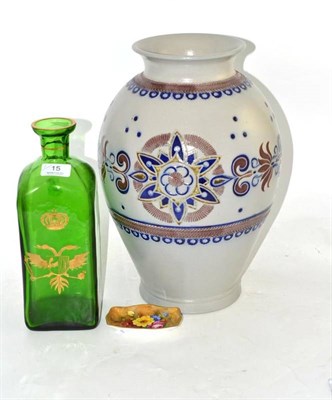 Lot 15 - A large Goebel stoneware vase, a 20th century gin flask with gilt etched decoration and a Royal...