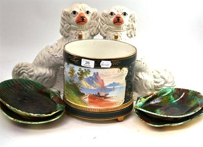 Lot 26 - Pair of Staffordshire spaniel dogs, decorative planter and four Wedgwood plates