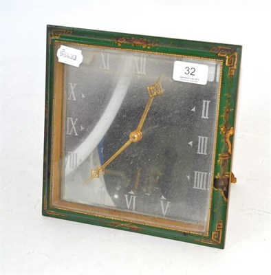 Lot 32 - A 1930's green chinoiserie framed easel mantel clock