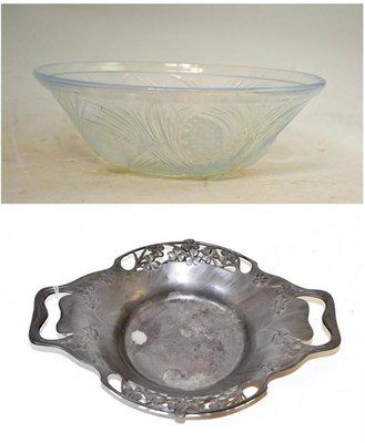 Lot 33 - An Arts and Crafts English pewter twin handled pierced dish, numbered '0287' to base, also a...