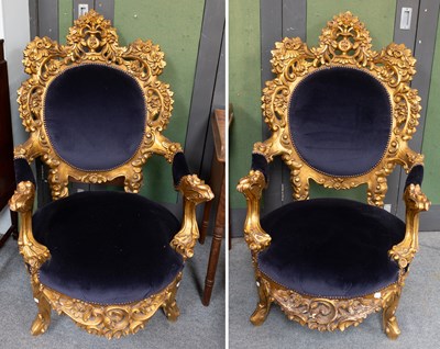 Lot 1170 - A Pair of Gilt and Blue Upholstered Baroque...