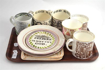 Lot 41 - Six transfer printed souvenir mugs, pair of plaques, pink lustre edged plates etc