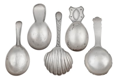 Lot Five George III Silver Caddy-Spoons, by John...