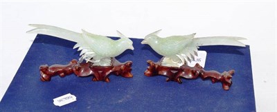 Lot 47 - Pair of Chinese green hardstone pheasants and stands, cased