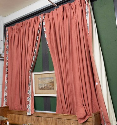 Lot 1365 - Three Pairs of Salmon Woven Curtains, with a...