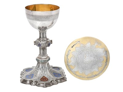 Lot A Victorian 'Gem' and Enamel Set Chalice and Paten