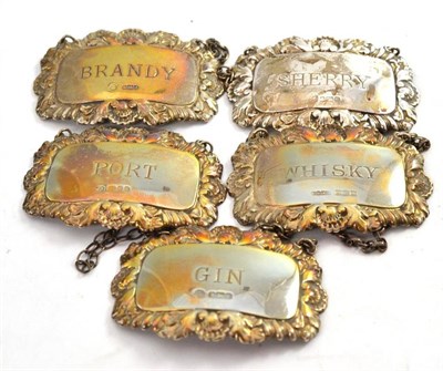 Lot 72 - Five silver labels - brandy, gin, port, whisky and sherry