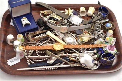 Lot 75 - Assorted silver jewellery, china thimbles by Royal Worcester and Spode etc, wristwatches, pair...