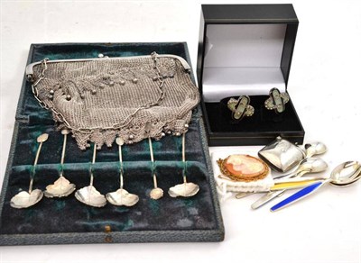 Lot 81 - Plated mesh evening purse, silver vesta case, six Norwegian silver and enamel teaspoons, pair...