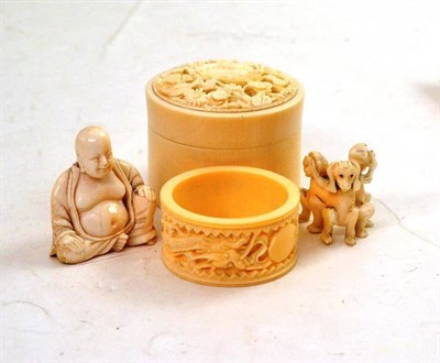 Lot 82 - Canton ivory box and cover, a napkin ring, a Buddha and 'Three Wise Monkeys'