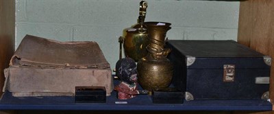 Lot 86 - Portable gramophone, records, brass kettle on stand, money box, two Chinese lacquer boxes and a...