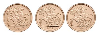 Lot 310 - 3x Elizabeth II, Half Sovereigns, 2018, 2019...