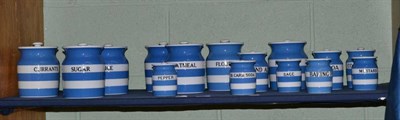 Lot 90 - Collection of T.G. Green blue and white striped storage jars and covers