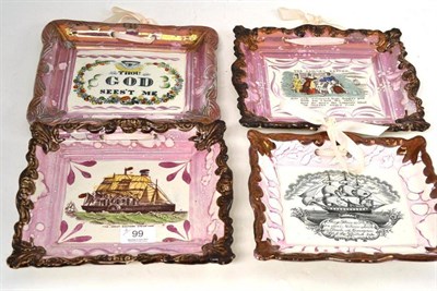 Lot 99 - Sunderland pink lustre plaques 'The Sailors Return', 'Thou God Sees't me', 'The Great Eastern...