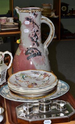 Lot 100 - Studio pottery large jug, studio pottery plate decorated with a horse, decorative plates and a...