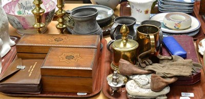 Lot 102 - Two mahogany inlaid hinged boxes, pair of brass table candlesticks, Masonic apron in case,...