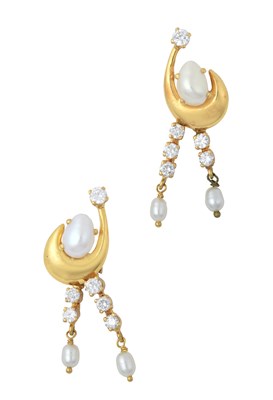 Lot 2267 - A Pair of Cultured Pearl and Diamond Earrings...