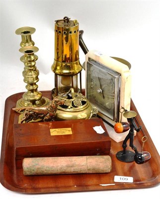 Lot 109 - Tray of assorted metalwares, Sykes Hydrometer, mantel clock, pestle and mortar etc