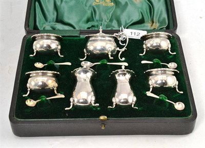 Lot 112 - Seven piece silver cruet with spoons in a fitted hinged case