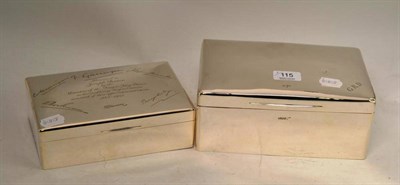 Lot 115 - Large Walker and Hall silver mounted cigarette box initialled GRD; another smaller with...