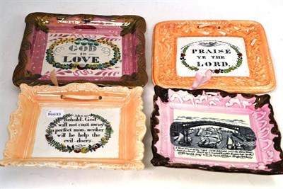 Lot 121 - Sunderland pink lustre plaque 'God is Love', 'West View of Cast Iron Bridge' and two others