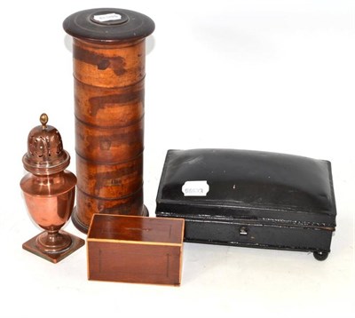 Lot 122 - Treen spice tower, inlaid money box, copper and tin spice box with attached grater