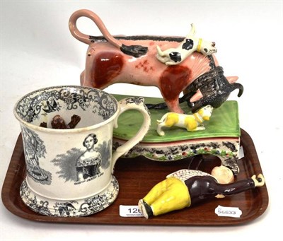 Lot 126 - Bull and dog figure group (a.f.) and a Jenny Lind pottery frog mug (2)