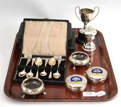 Lot 135 - Three cased sets of silver teaspoons, silver pepperette, pair of silver salts, small trophy cup and