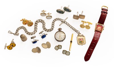 Lot 355 - A Lady's Gun Metal Fob Watch, Silver Curb Link...