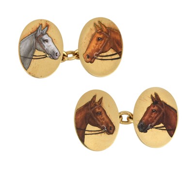 Lot 2425 - A Pair of 18 Carat Gold Enamel Cufflinks, by...