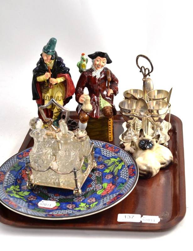 Lot 137 - A Royal Doulton plate, a figure of the Pied Piper, Beswick cat group, plated egg cup stand,...