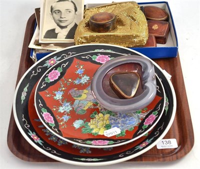 Lot 138 - Two Oriental plaques, assorted postcards, leather boxes, opera glass, etc