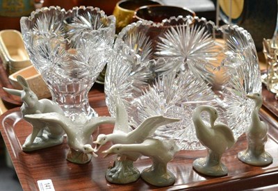 Lot 141 - Six assorted Lladro figures of geese and a rabbit, large cut glass bowl and matching vase