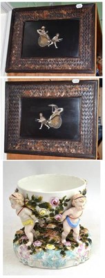 Lot 146 - Pair of Oriental plaques inlaid with mother-of-pearl, etc and a porcelain dish