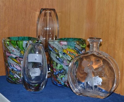 Lot 151 - Pair of Murano vases, decanter with disc, and two Kosta vases (5)