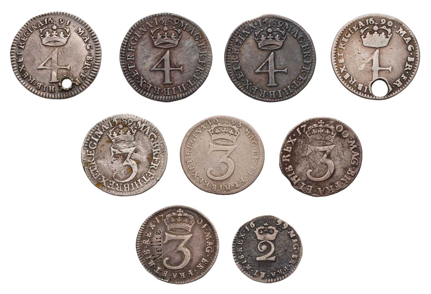 Lot 69 - William and Mary Maundy Oddments, 9 coins in...