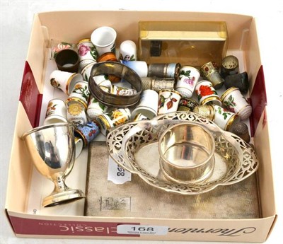 Lot 168 - Oval silver bonbon dish, silver cigarette case, napkin ring, silver egg cup, silver and china...