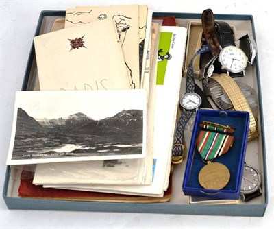 Lot 169 - Assorted ephemera, medals, scent bottle, watches, etc