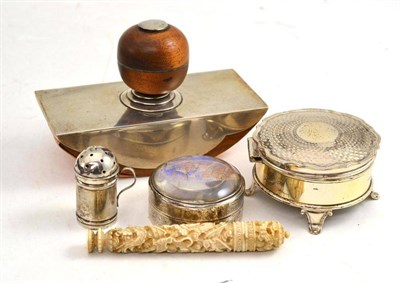 Lot 172 - A silver mounted blotter; a pill box; Chinese carved ivory needle case; pounce pot; trinket...